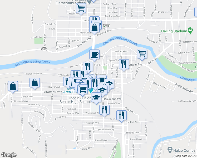 map of restaurants, bars, coffee shops, grocery stores, and more near 219 Keystone Way in Ellwood City