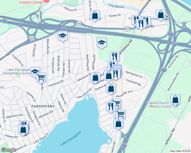 map of restaurants, bars, coffee shops, grocery stores, and more near 52 Marmora Road in Parsippany-Troy Hills