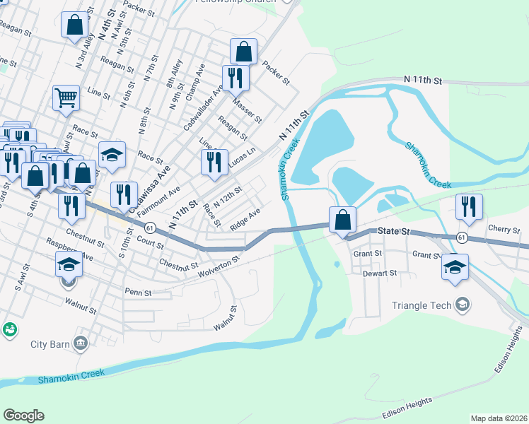 map of restaurants, bars, coffee shops, grocery stores, and more near 306 Ridge Avenue in Sunbury