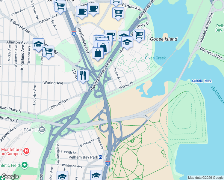 map of restaurants, bars, coffee shops, grocery stores, and more near 2195 Palmer Avenue in Bronx