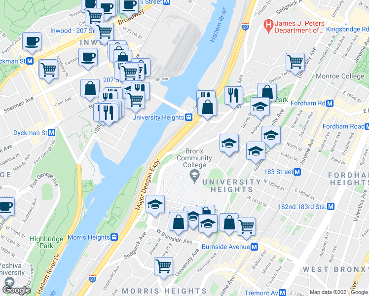 map of restaurants, bars, coffee shops, grocery stores, and more near 2170 Cedar Avenue in Bronx
