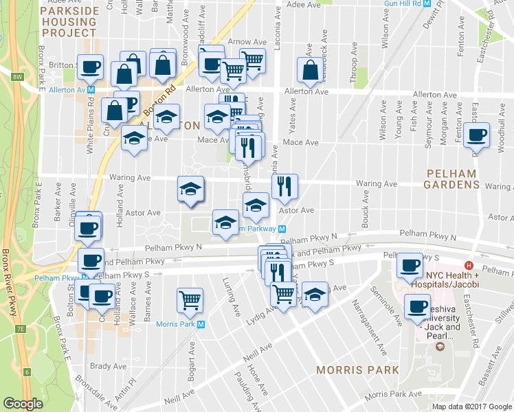 map of restaurants, bars, coffee shops, grocery stores, and more near 1067 Astor Avenue in The Bronx