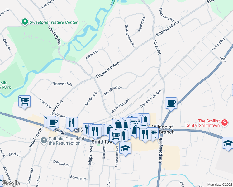 map of restaurants, bars, coffee shops, grocery stores, and more near 14 Roundabout Road in Smithtown