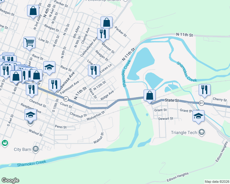 map of restaurants, bars, coffee shops, grocery stores, and more near 306 Ridge Avenue in Sunbury