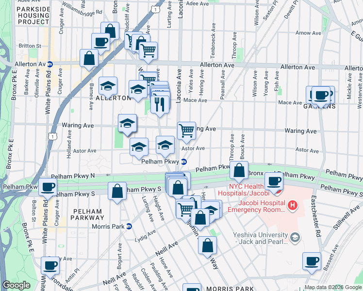 map of restaurants, bars, coffee shops, grocery stores, and more near 2302 Laconia Avenue in Bronx