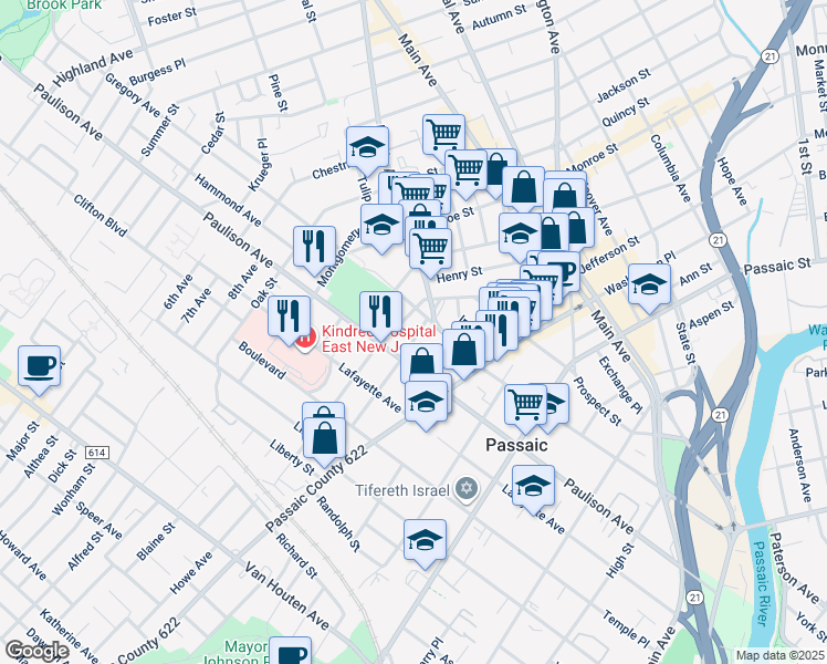 map of restaurants, bars, coffee shops, grocery stores, and more near 34 Lincoln Street in Passaic