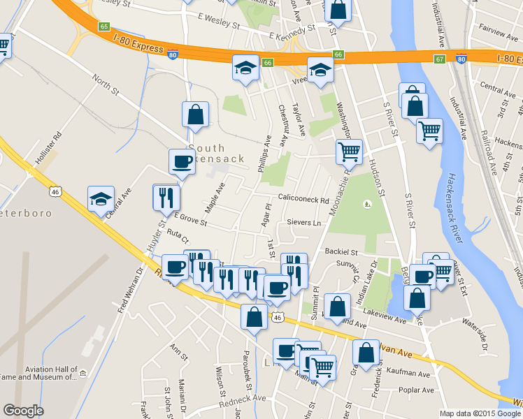 map of restaurants, bars, coffee shops, grocery stores, and more near 17 Agar Place in South Hackensack