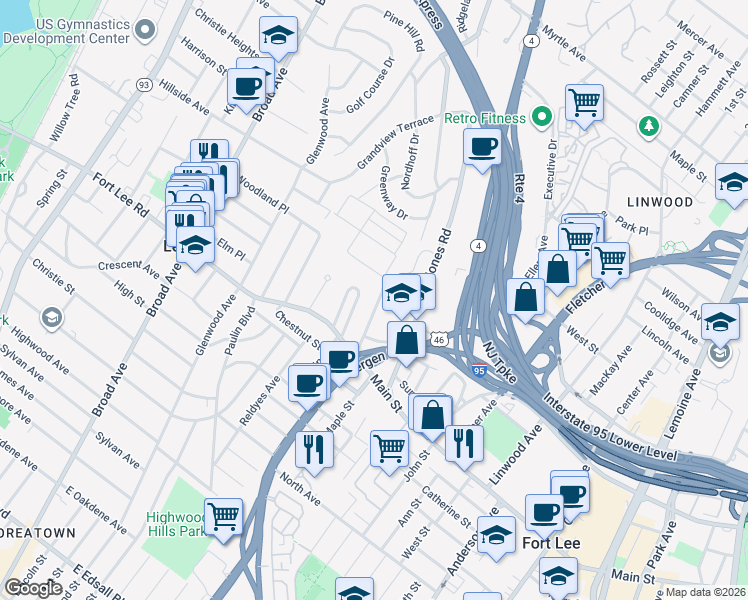 map of restaurants, bars, coffee shops, grocery stores, and more near 137 Hoefleys Lane in Leonia