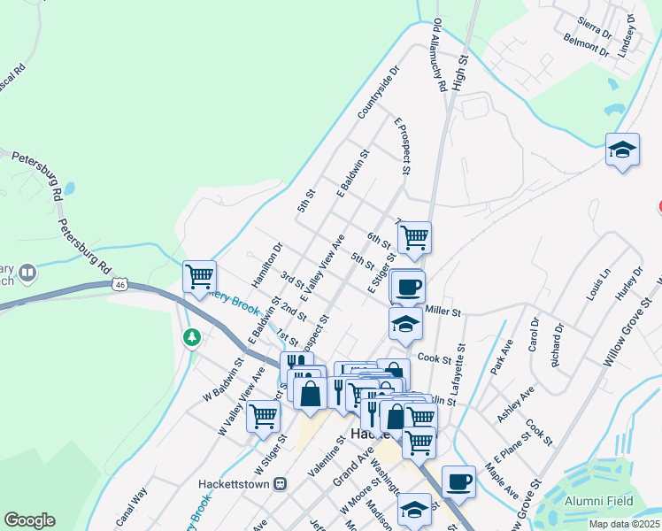 map of restaurants, bars, coffee shops, grocery stores, and more near 412 East Valley View Avenue in Hackettstown