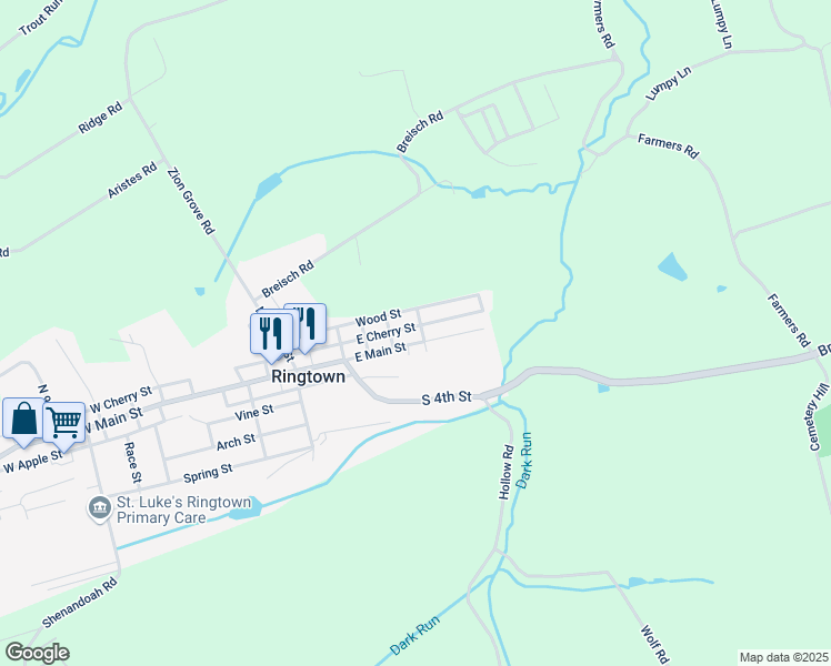 map of restaurants, bars, coffee shops, grocery stores, and more near 179 E Main St in Ringtown