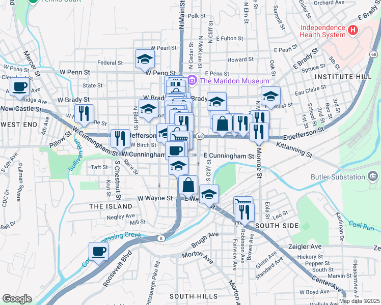 map of restaurants, bars, coffee shops, grocery stores, and more near 120 East Cunningham Street in Butler