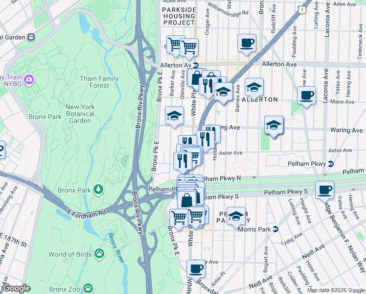 map of restaurants, bars, coffee shops, grocery stores, and more near 2280 Olinville Avenue in Bronx