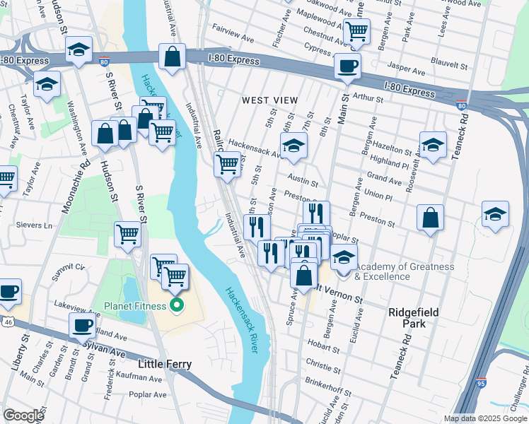 map of restaurants, bars, coffee shops, grocery stores, and more near 64 Paulison Ave in Ridgefield Park