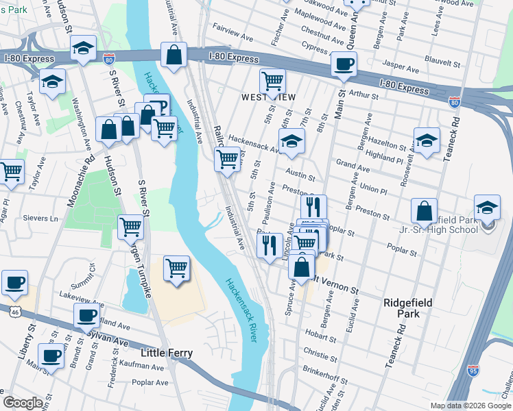 map of restaurants, bars, coffee shops, grocery stores, and more near 64 Paulison Avenue in Ridgefield Park