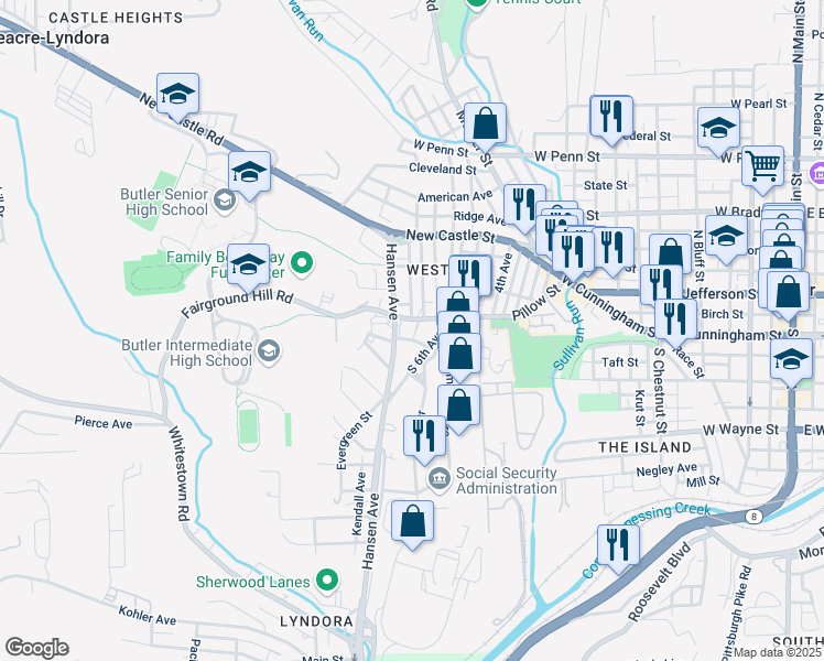 map of restaurants, bars, coffee shops, grocery stores, and more near 333 Pillow Street in Butler