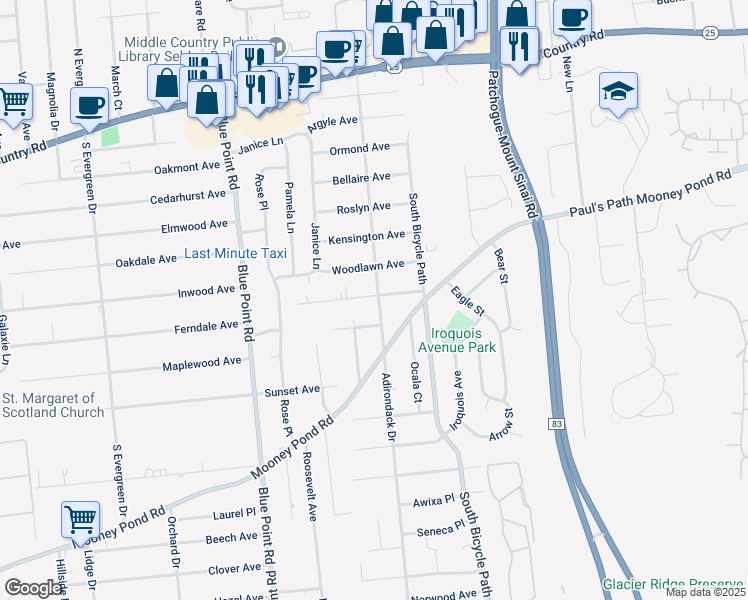 map of restaurants, bars, coffee shops, grocery stores, and more near 110 Adirondack Drive in Selden