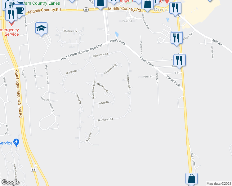 map of restaurants, bars, coffee shops, grocery stores, and more near 372 Woodland Court in Coram