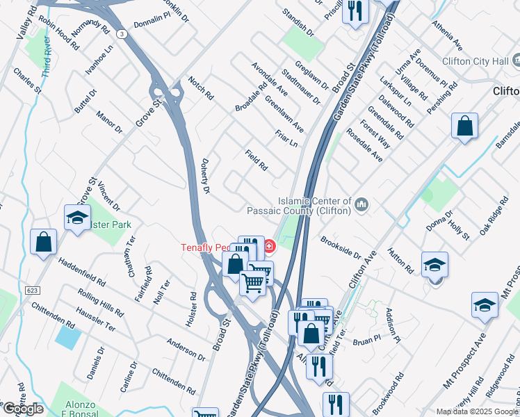map of restaurants, bars, coffee shops, grocery stores, and more near 197 Highview Drive in Clifton