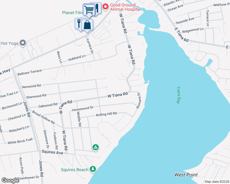 map of restaurants, bars, coffee shops, grocery stores, and more near 98 West Tiana Road in Hampton Bays