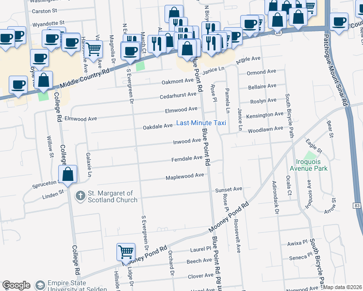 map of restaurants, bars, coffee shops, grocery stores, and more near 22 Inwood Avenue in Selden