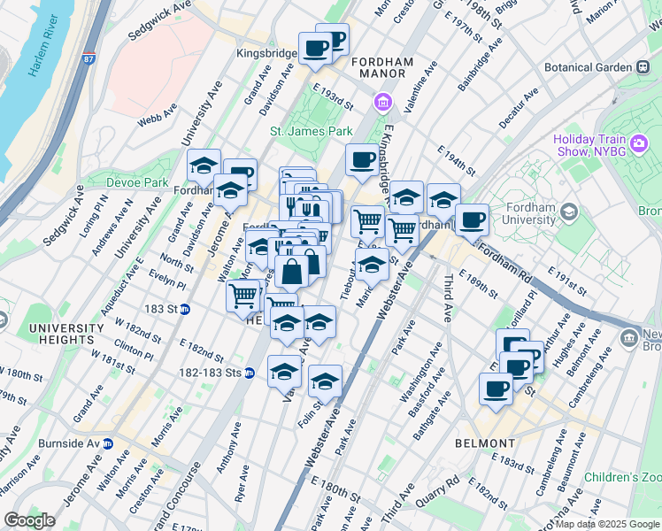 map of restaurants, bars, coffee shops, grocery stores, and more near Valentine Ave & E 187th St in Bronx