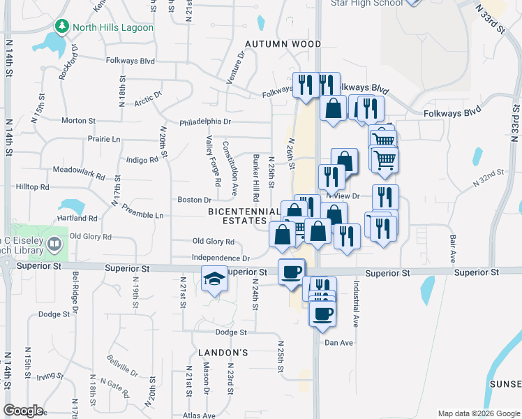 map of restaurants, bars, coffee shops, grocery stores, and more near 4910 Bunker Hill Rd in Lincoln
