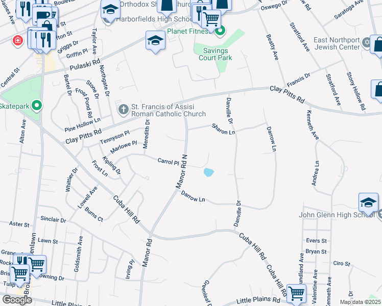 map of restaurants, bars, coffee shops, grocery stores, and more near 20 Manor Rd N in Greenlawn