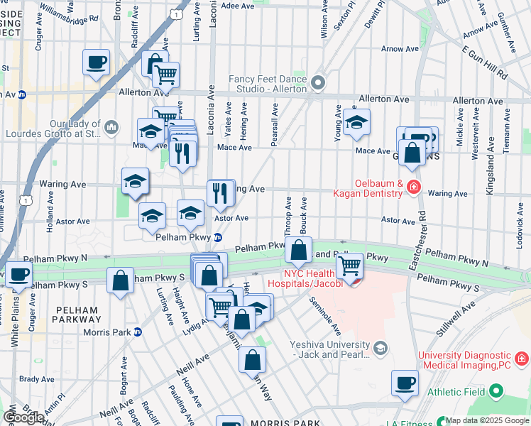map of restaurants, bars, coffee shops, grocery stores, and more near 1219 Astor Avenue in Bronx