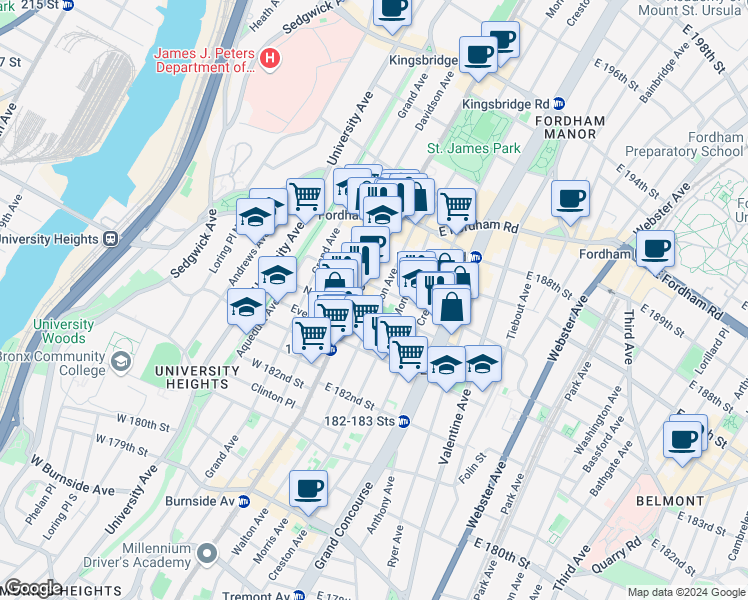 map of restaurants, bars, coffee shops, grocery stores, and more near 2351 Walton Avenue in The Bronx