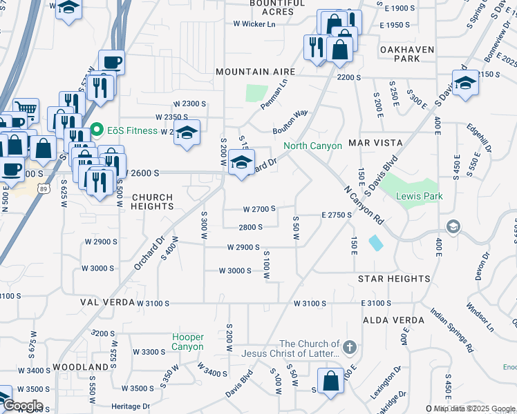 map of restaurants, bars, coffee shops, grocery stores, and more near 132 W 2700 S in Bountiful