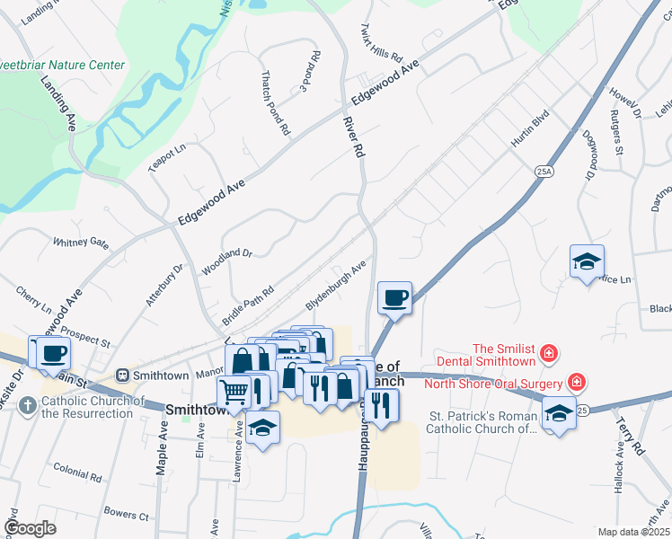 map of restaurants, bars, coffee shops, grocery stores, and more near 123 Blydenburg Avenue in Smithtown