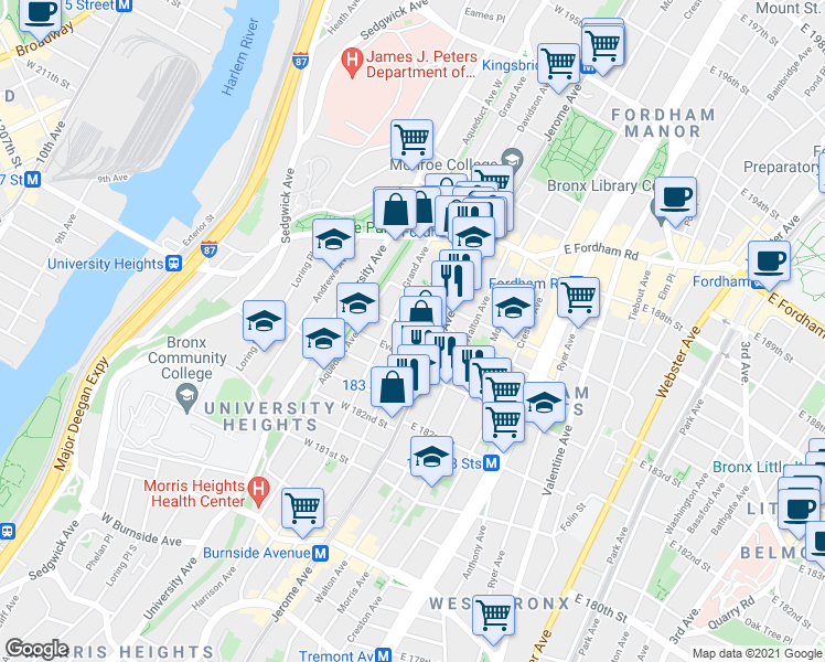 map of restaurants, bars, coffee shops, grocery stores, and more near Davidson Ave & North St in Bronx