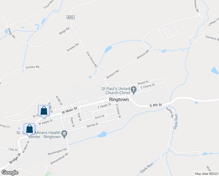 map of restaurants, bars, coffee shops, grocery stores, and more near North Center Street in Ringtown