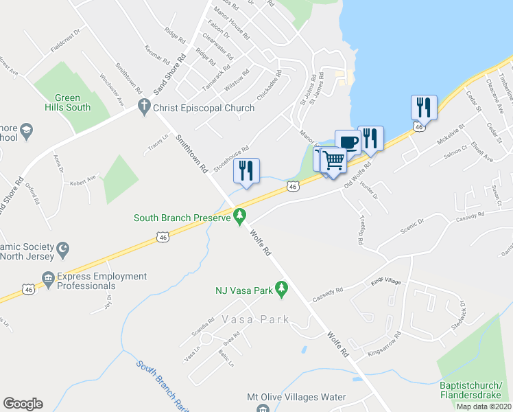 map of restaurants, bars, coffee shops, grocery stores, and more near 384 U.S. 46 in Mount Olive