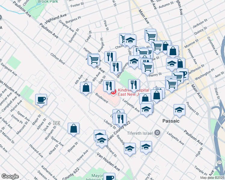 map of restaurants, bars, coffee shops, grocery stores, and more near 430 Lafayette Avenue in Passaic