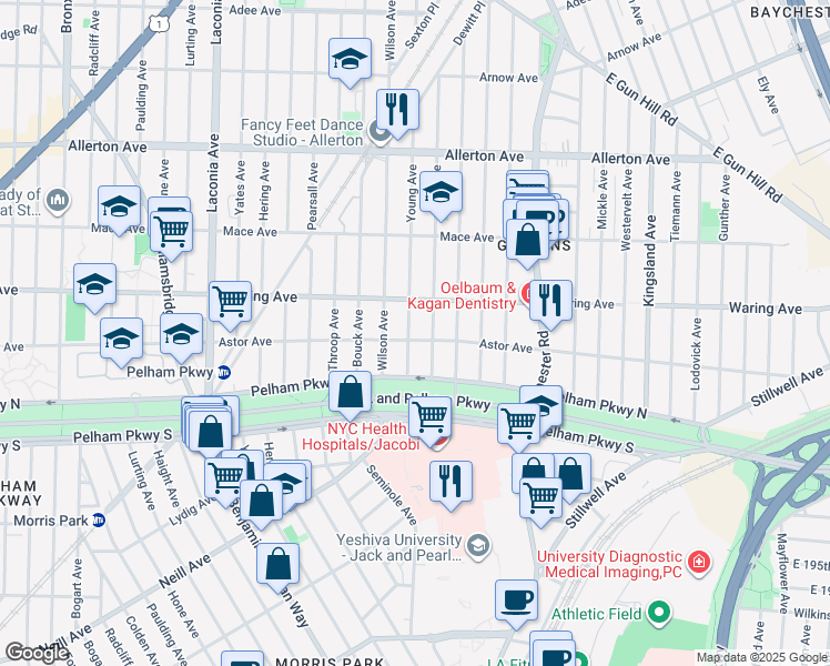 map of restaurants, bars, coffee shops, grocery stores, and more near 1327 Astor Avenue in Bronx