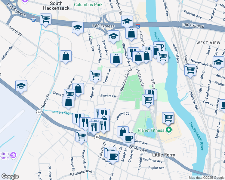 map of restaurants, bars, coffee shops, grocery stores, and more near 9 John Street in South Hackensack