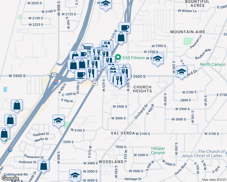 map of restaurants, bars, coffee shops, grocery stores, and more near 2829 South 550 West in Bountiful