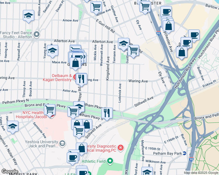 map of restaurants, bars, coffee shops, grocery stores, and more near 2324 Kingsland Avenue in Bronx