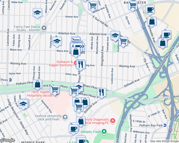 map of restaurants, bars, coffee shops, grocery stores, and more near 2330 Mickle Avenue in Bronx