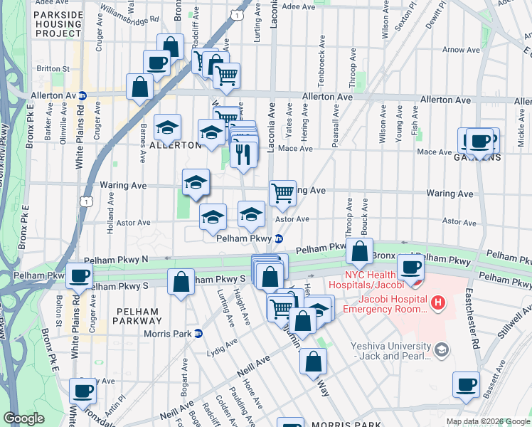 map of restaurants, bars, coffee shops, grocery stores, and more near 2302 Laconia Avenue in Bronx