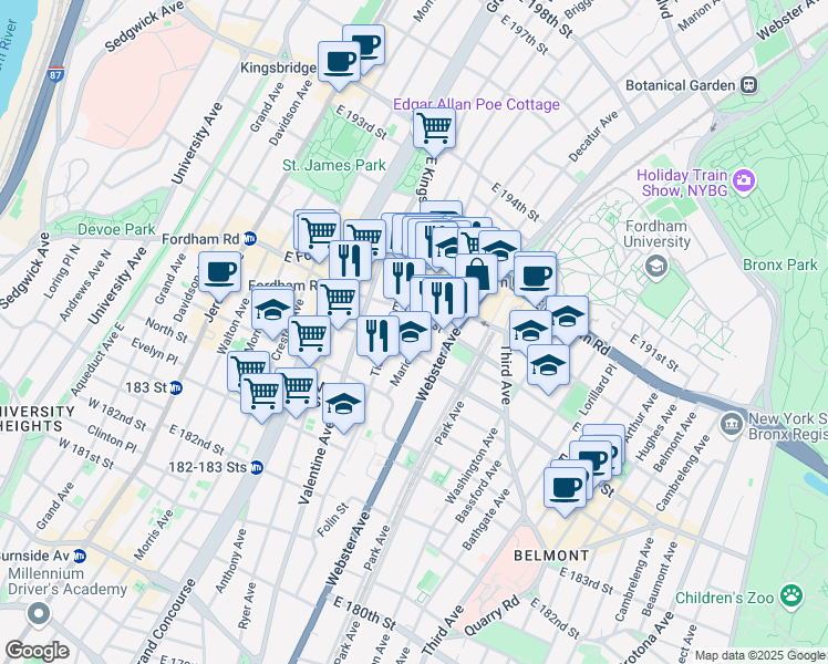 map of restaurants, bars, coffee shops, grocery stores, and more near 355 East 187th Street in The Bronx