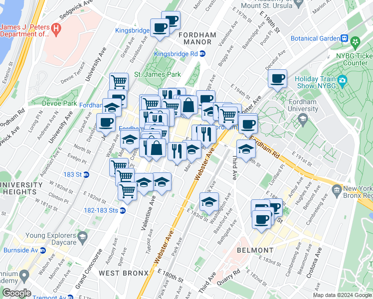map of restaurants, bars, coffee shops, grocery stores, and more near in The Bronx