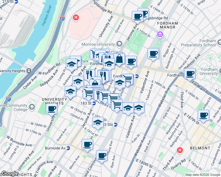 map of restaurants, bars, coffee shops, grocery stores, and more near in The Bronx
