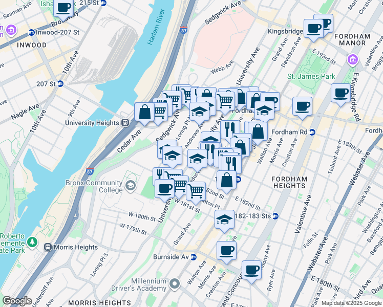 map of restaurants, bars, coffee shops, grocery stores, and more near in The Bronx