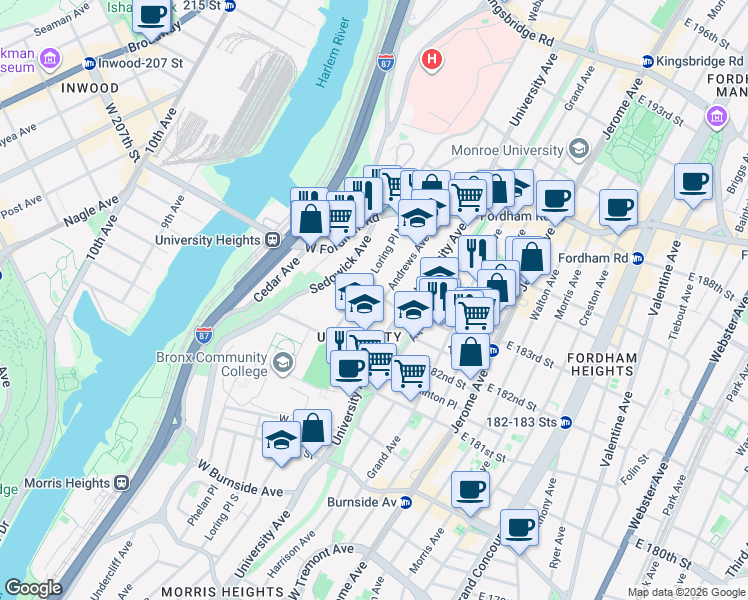 map of restaurants, bars, coffee shops, grocery stores, and more near 114 West 183rd Street in The Bronx