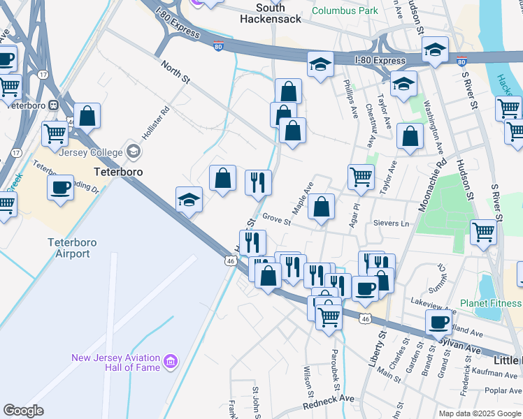 map of restaurants, bars, coffee shops, grocery stores, and more near 582 Huyler Street in South Hackensack