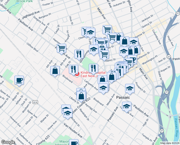 map of restaurants, bars, coffee shops, grocery stores, and more near in Passaic