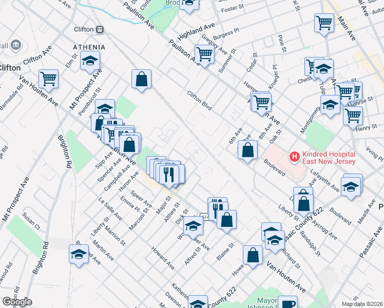 map of restaurants, bars, coffee shops, grocery stores, and more near Unnamed Road in Clifton