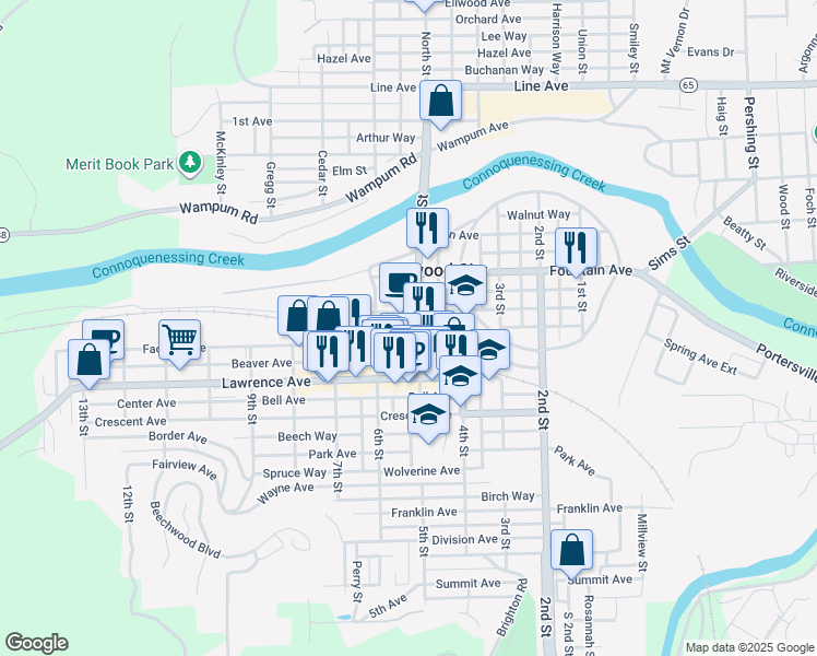 map of restaurants, bars, coffee shops, grocery stores, and more near 214 5th Street in Ellwood City